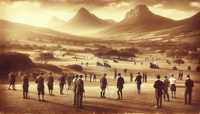 Early 20th-century scene at Mbombela Golf Club with golfers in period attire on lush greens, South African backdrop.