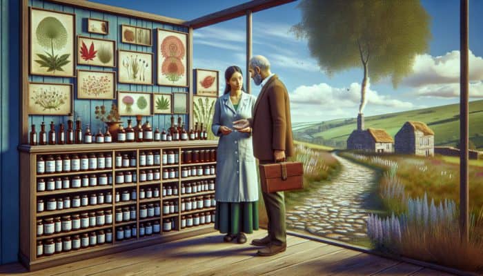 A UK apothecary with THR-labeled herbal remedies, a herbalist explaining to a reassured customer.