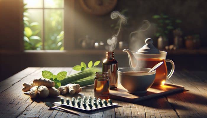 Peppermint oil capsules, fennel tea, and ginger tea on a rustic wooden table for IBS treatment.