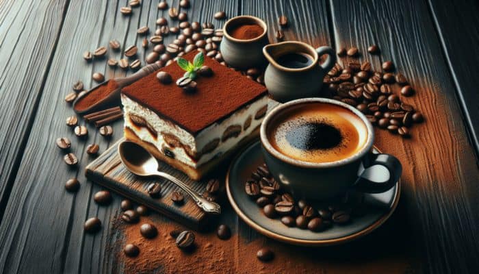 A freshly brewed robust espresso from Ethiopian or Colombian beans enhancing tiramisu's rich layers on a rustic table.