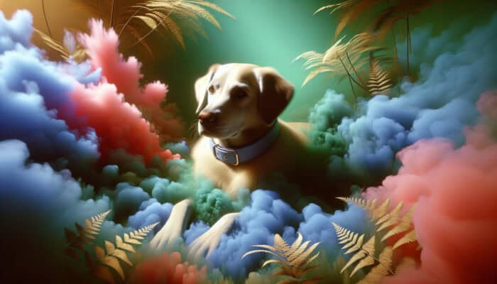 A serene pet with a calming collar, surrounded by soothing mist in a peaceful environment.