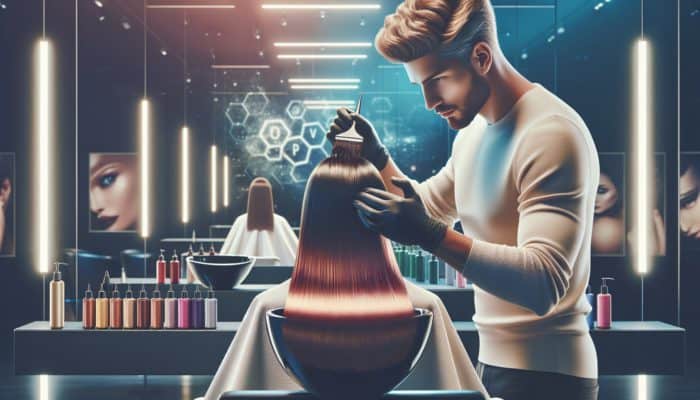 Hairstylist applying root smudge technique in a modern salon with vibrant lighting.