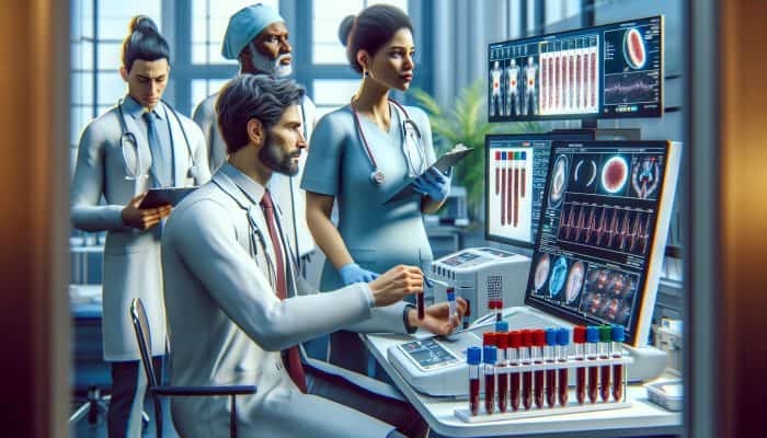 Infographic in Preston clinic showing ferritin blood test procedures and health insights with professionals and equipment.