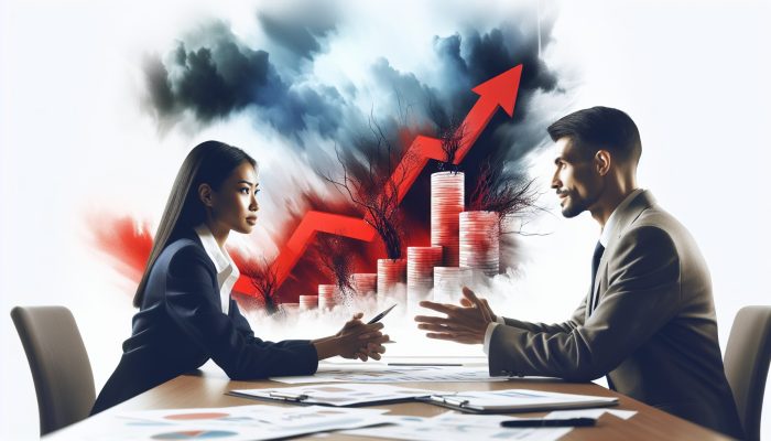 A person receiving financial guidance with charts and rising debt graphs in the background.