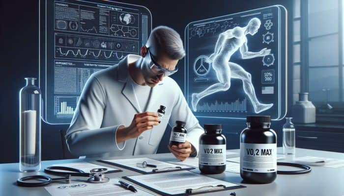 A lab-coated person examines a VO2 Max supplement, surrounded by scientific papers and a third-party testing certificate, with an athlete running in the background.