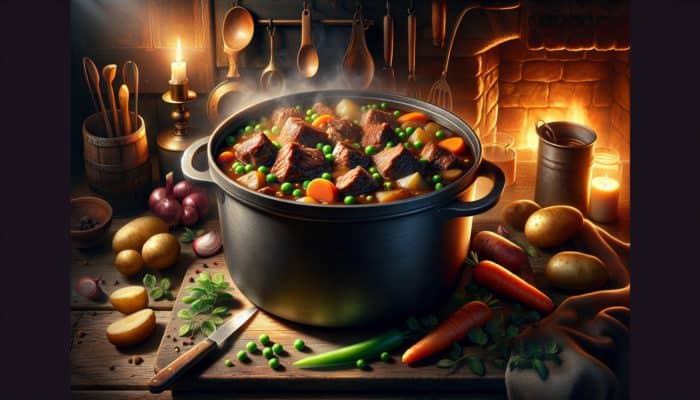 How to Make a Rich Beef Stew: A steaming pot of beef stew with tender chuck, brisket, and shank chunks, rich gravy, and colorful vegetables in a cozy kitchen.