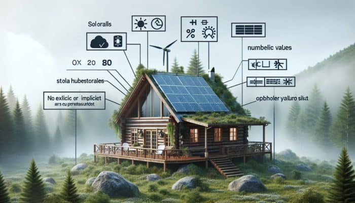 Off-Grid Power Solutions: A serene cabin with solar panels and a wind turbine in lush wilderness, symbolizing off-grid living.