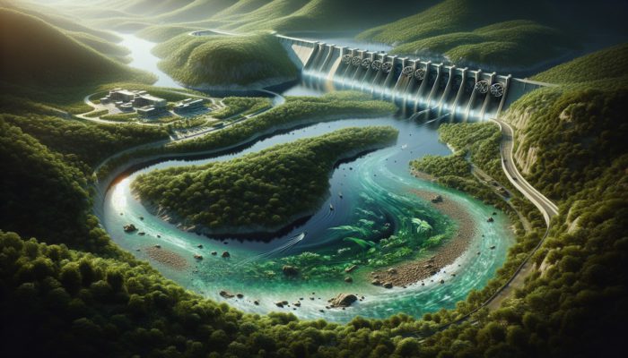 A serene river powers a modern hydroelectric dam with visible turbines, surrounded by lush landscape and wildlife.