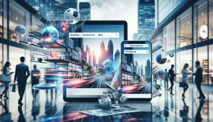 E-commerce website displayed on smartphone and laptop, featuring intuitive navigation, fast loading times, and mobile responsiveness in a Bampton business environment.