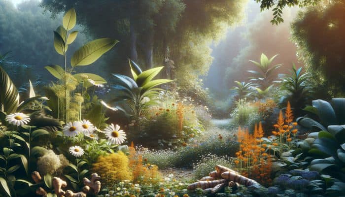 A garden featuring chamomile, turmeric, and ginger plants used for managing chronic illnesses.
