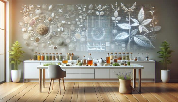 A kitchen counter adorned with herbs, glass jars, and a teapot for preparing herbal remedies.