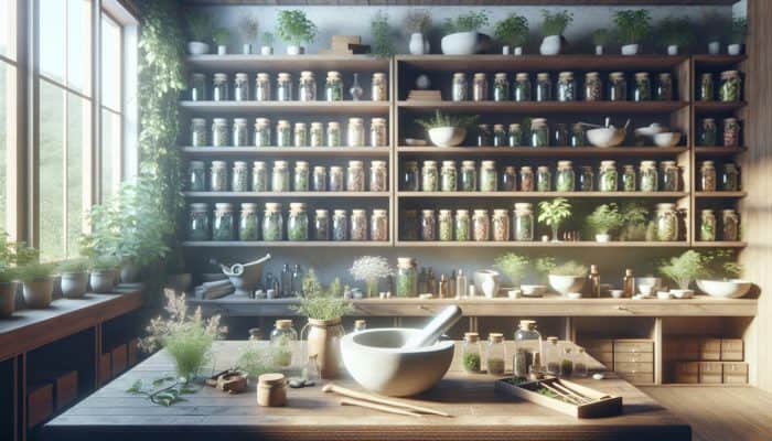 A tranquil apothecary featuring organized jars of herbs, a mortar and pestle, and natural light.