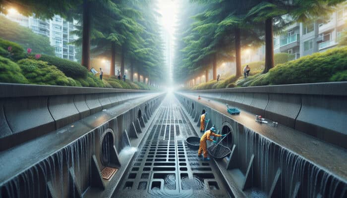 A well-maintained concrete drainage system in Kitsilano during rainy season, showing routine inspections and professional cleaning.