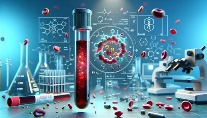 Ferritin Blood Test in Rotherham: A blood sample in a test tube showing ferritin binding to iron, in a medical lab with equipment and charts.
