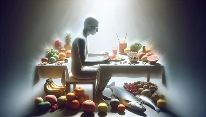Nutrition for Grief Support: A person at a table with fruits, nuts, and fish, bathed in comforting light, symbolizing dietary support in managing grief.