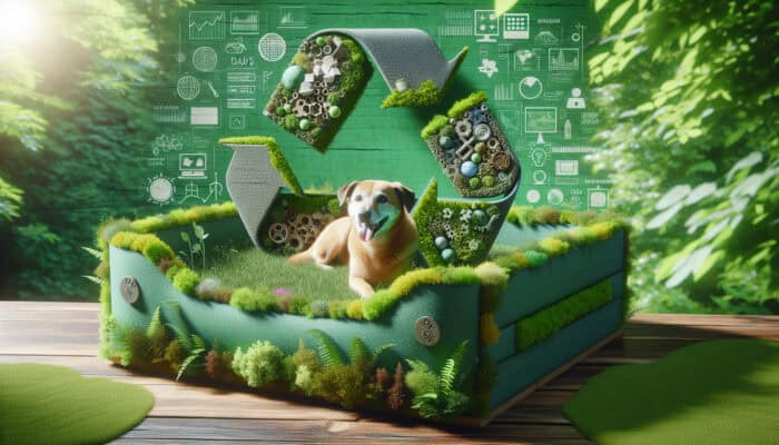 Cozy pet bed made from recycled materials in a vibrant green environment, symbolizing sustainability.