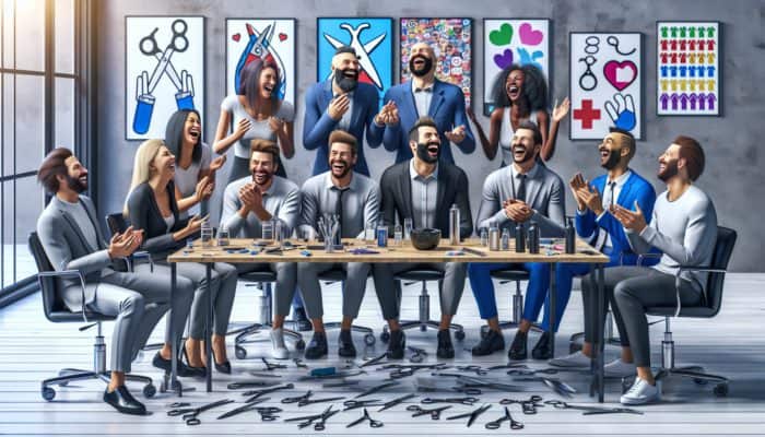 A group of diverse experts laughing in a modern studio, discussing comedic haircut techniques with tools and posters.