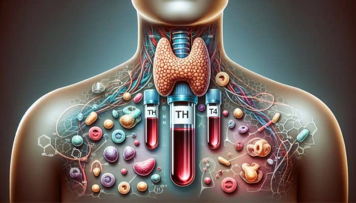 Thyroid Blood Test in Shrewsbury: Illustration of thyroid blood test with thyroid gland, TSH, T4, T3 vials, and metabolic diagrams.