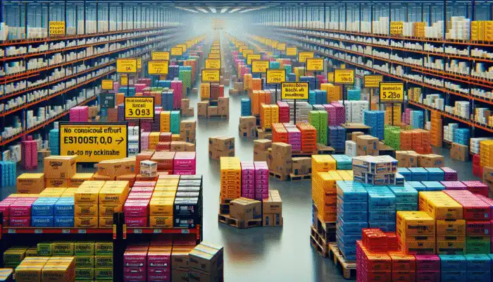 A busy Middlesbrough warehouse with diverse glove stacks and bulk discount signs.