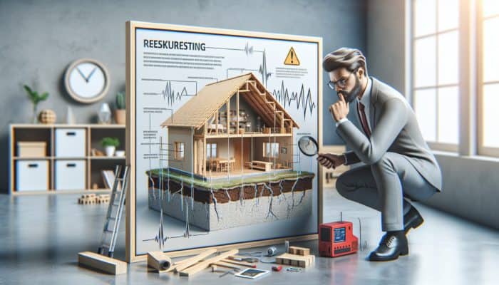 Expert evaluating home for earthquake safety, pointing at vulnerabilities, with safety equipment in background.