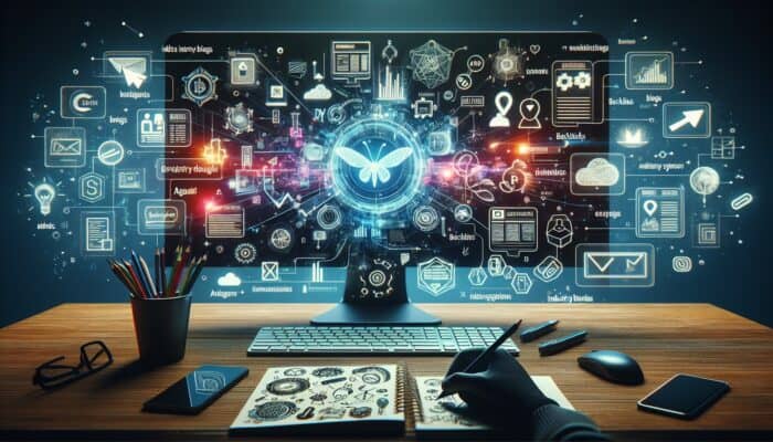 A digital workspace showing industry blogs on a screen, with backlinks and expert notes.