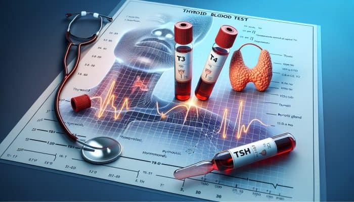 Thyroid Blood Test in Stevenage: Illustration of thyroid blood test vials labeled T3, T4, TSH, with thyroid gland and hormone level graphs.
