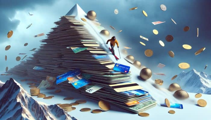 Using the Avalanche Method with Consolidation Loans: UK Guide | DCL Person skiing down a mountain of credit cards with an avalanche of coins and bills, symbolizing the avalanche method in the UK.