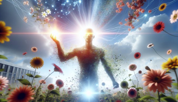 A person glowing with energy, surrounded by blooming flowers and a clear sky, symbolizing mental health's positive impact on vitality.