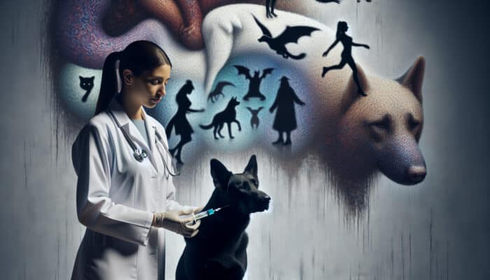 Veterinarian vaccinating a dog against rabies, with shadowy figures of bats, raccoons, and foxes in the background.