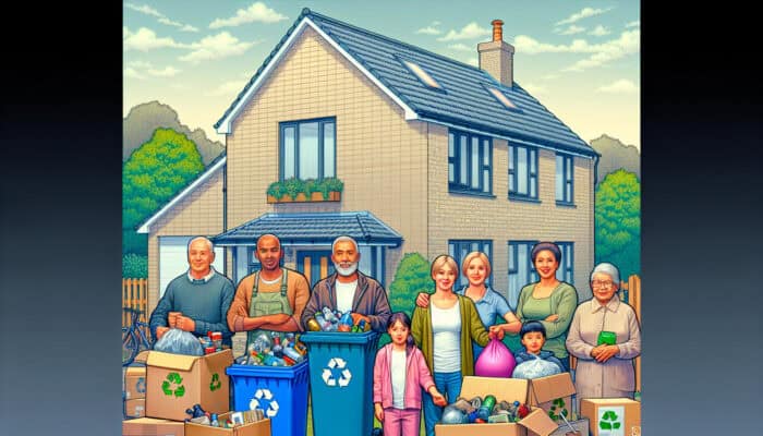 A serene Leeds home after professional clearance, with sorted recyclables and donations, and a happy family enjoying their clutter-free space.