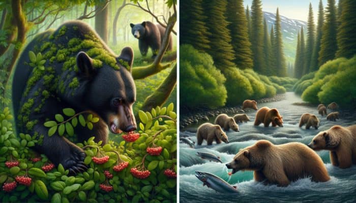 Black bear eating berries and plants, grizzly catching salmon, illustrating diverse diets in North American forests.