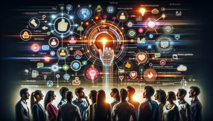 A diverse group engaging with a digital interface, providing feedback via surveys and comments, with clear instructions and immediate prompts.