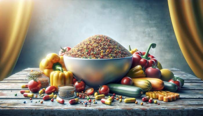 A vibrant bowl of quinoa with colorful vegetables on a rustic wooden table.