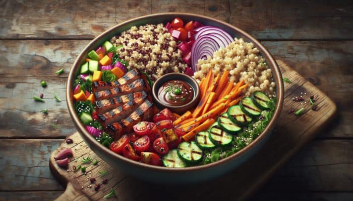 A colorful BBQ salad bowl with quinoa, brown rice, farro, vegetables, and grilled meat on a wooden table.