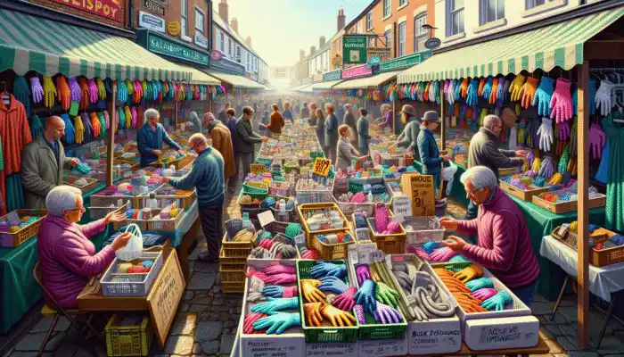 Salisbury market scene with gloves stalls showing price comparisons, bulk discounts, and seasonal promotions.