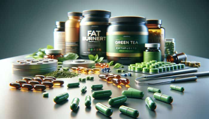 Various weight management supplements on a modern table, with green tea extract capsules in foreground.