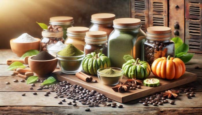 Natural ingredients like green tea extract and Garcinia Cambogia in glass jars on a rustic wooden table.