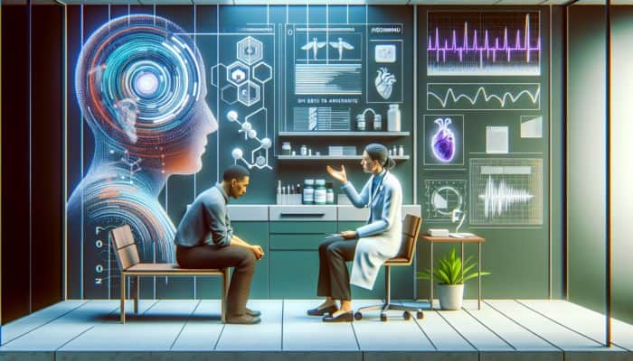 Person experiencing side effects from supplements, consulting healthcare professional in clinic.