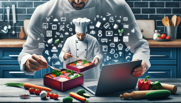 A chef preparing a colorful lunch in a bento box, with fresh ingredients and a laptop showing recipe tips.