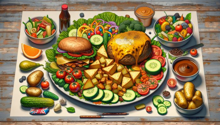 A colorful UK lunch spread with cheddar cheese, brown sauce, and seasonal vegetables on a rustic table.