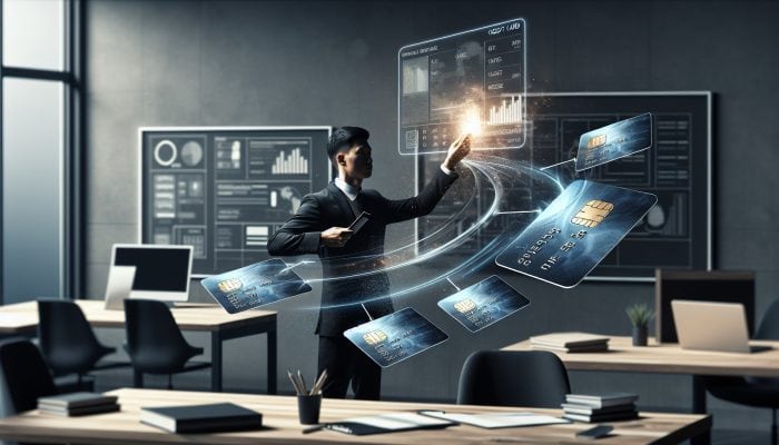 How Balance Transfers Compare to Consolidation Loans | DCL How Balance Transfers Compare to Consolidation Loans: Person consolidating credit card debts into one card with lower interest rate in a minimalist office.