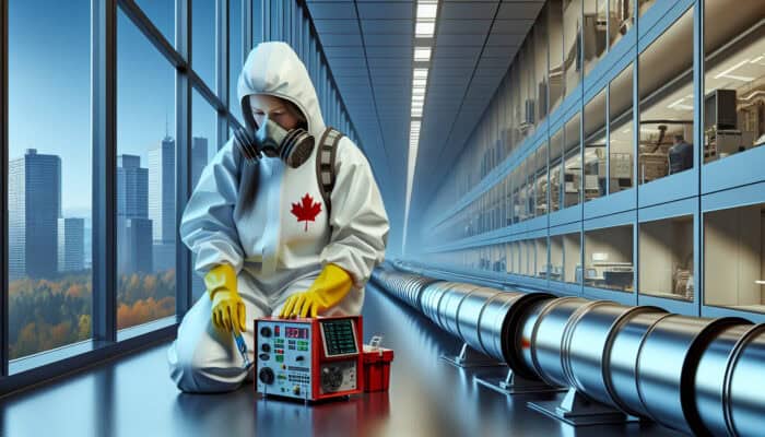 A technician in a hazmat suit cleaning industrial ducts in a Canadian office, ensuring health and safety compliance.
