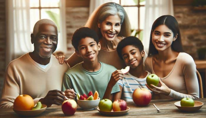 Family enjoying a casual dinner, introducing new fruits with apple slices, smiling and curious.
