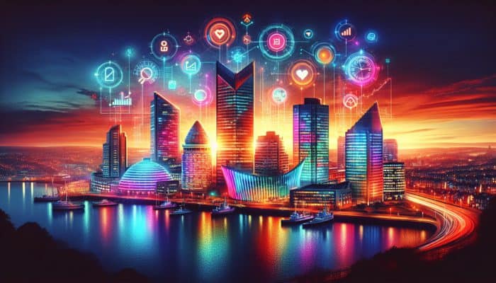 A vibrant Plymouth cityscape at sunset with illuminated SEO keywords above contemporary buildings.