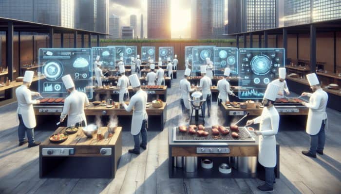 Chefs utilizing AI technology at a sophisticated BBQ competition to optimize their recipes and analyze various cooking techniques.