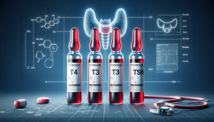 Thyroid Blood Test in Worthing: Illustration of thyroid blood test vials labeled T4, T3, TSH, with thyroid gland diagram showing hypothyroidism and hyperthyroidism.