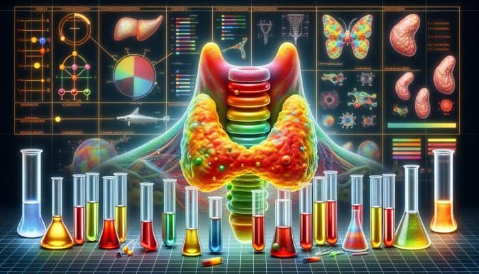 Thyroid Blood Test in Wolverhampton: Illustration of thyroid gland with hormone levels, test tubes, and charts showing hypothyroidism and hyperthyroidism.