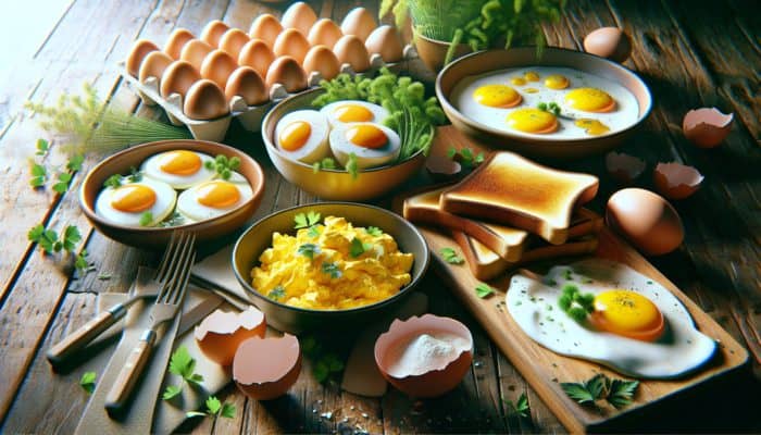 Colorful breakfast scene with scrambled, fried, and boiled eggs on a rustic table with herbs and toast.
