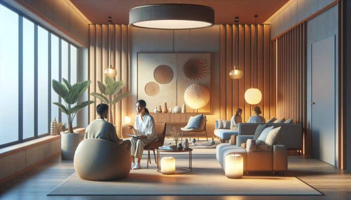 A serene therapy room with a therapist and client in a focused session; a group session in progress.