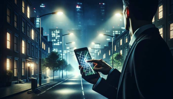 A person using a smartphone map to navigate a darkened city street during a blackout, with glowing streetlights and windows.